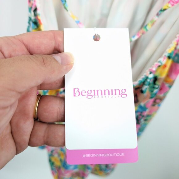 New‎ Beginning Boutique Genovia Floral Mini Dress Women's 8 Pink Green Yellow - Picture 12 of 16